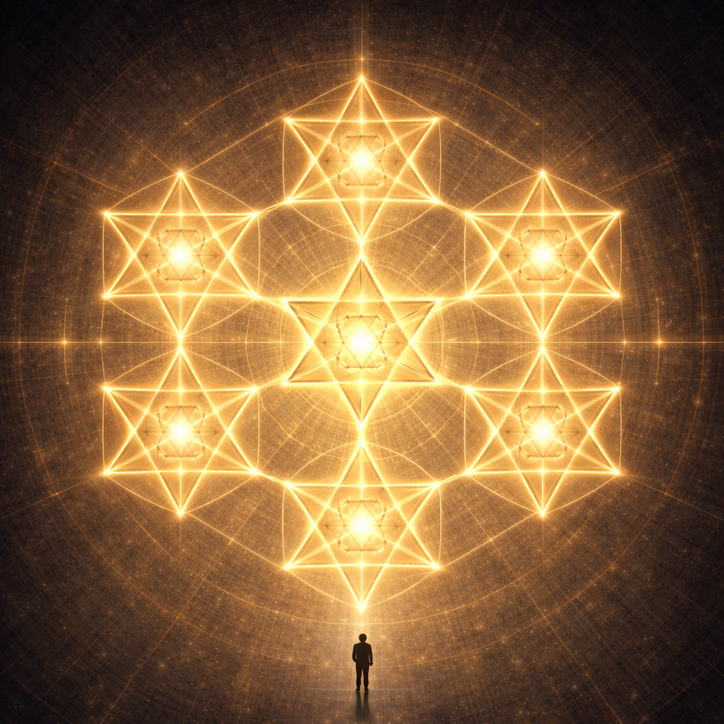 Diagram of the sevenfold structural order in the Merkaba Codex LUX representing a minimal complete relational structure with a central point