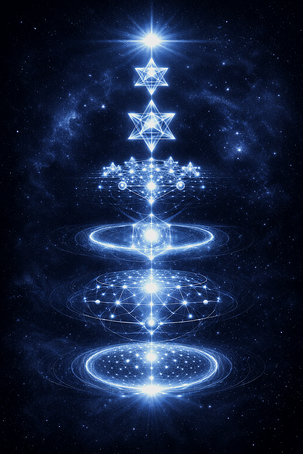 Diagram of the Codex LUX structural sequence from the zero point through primordial cells and Merkaba structures to feedback and return