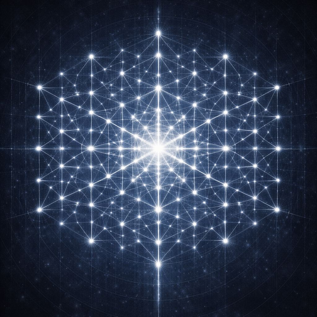 Diagram of the seven Merkabas and 49 primordial cells in the Merkaba Codex LUX showing a multilayered architecture of order